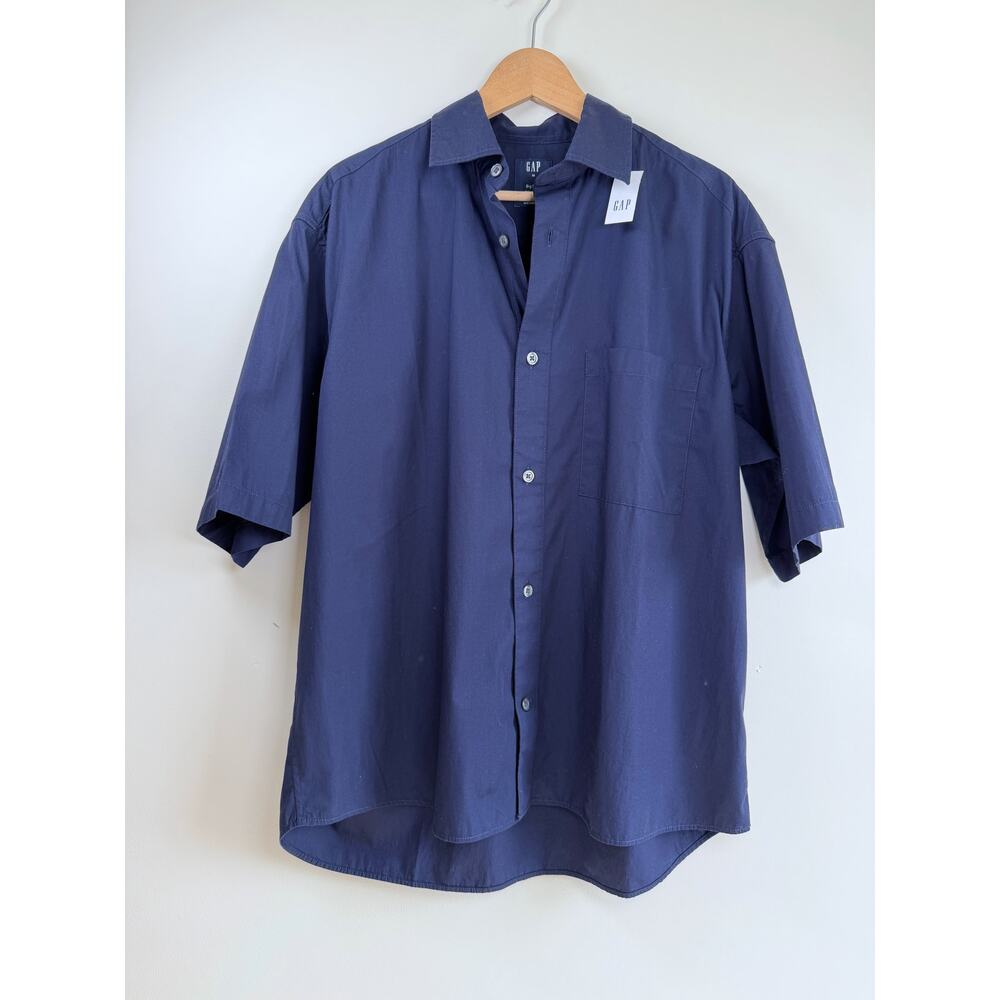 NWT GAP Solid Navy Button Down Cotton Short Sleeve Shirt Relaxed Blue Men Medium